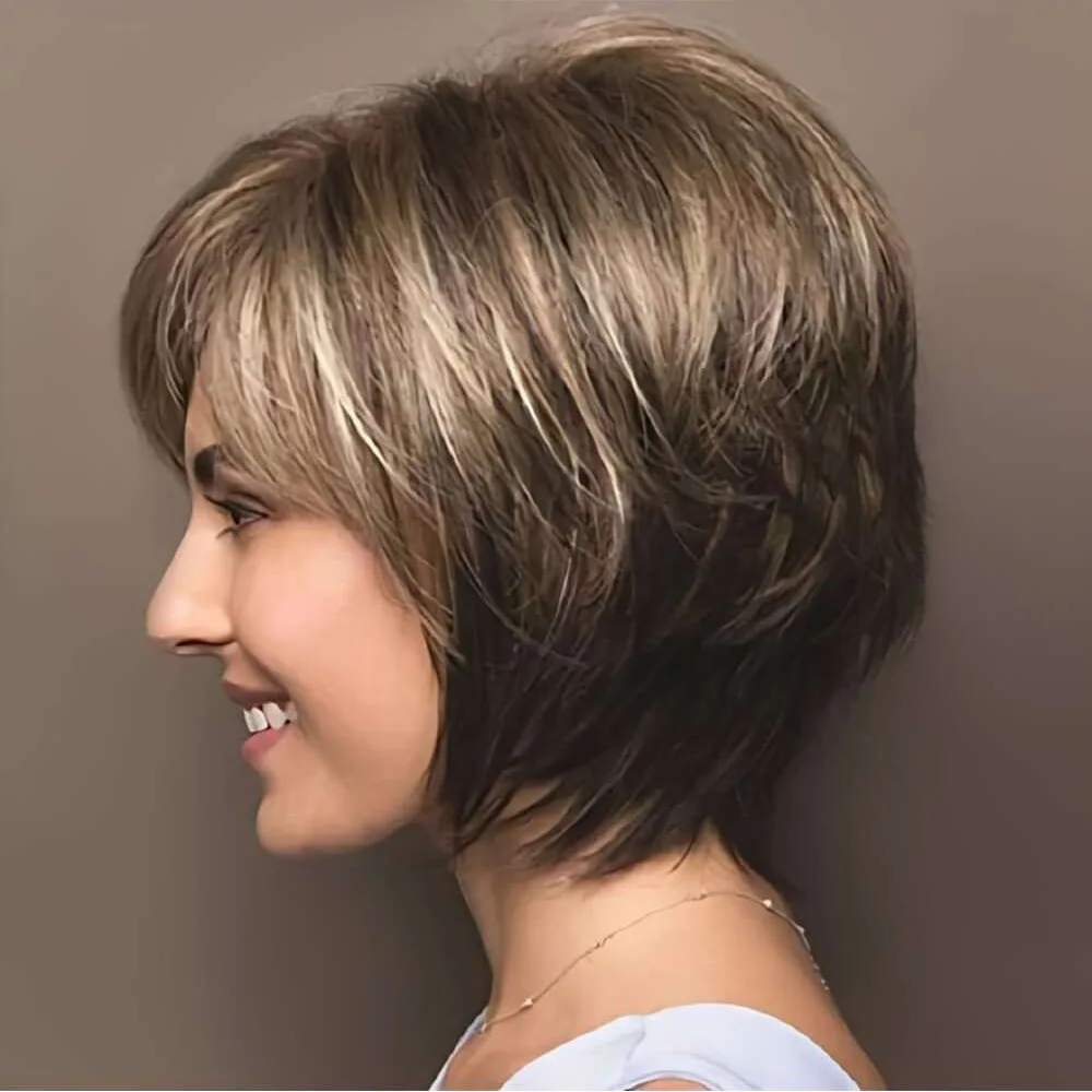 Natural synthetic bob bob wig with bangs mother headgear heat-resistant wig short slightly curly brown beige mixed color