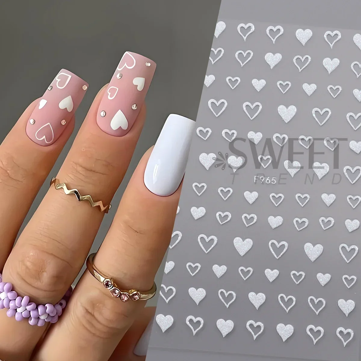 3pcs Glitter Holographic Nail Stickers Shimmer White Heart Star Butterfly Design 3D Decals Sliders Kawaii Theme Manicure Decor