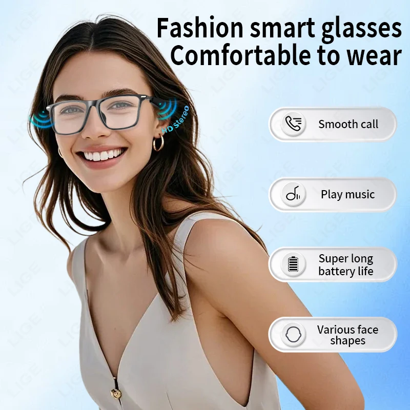 LIGE 2025 New Smart Glasses Sunglasses Bluetooth Headphones Anti Blue Light UV Protection Lenses Waterproof Eyeglasses Men Women