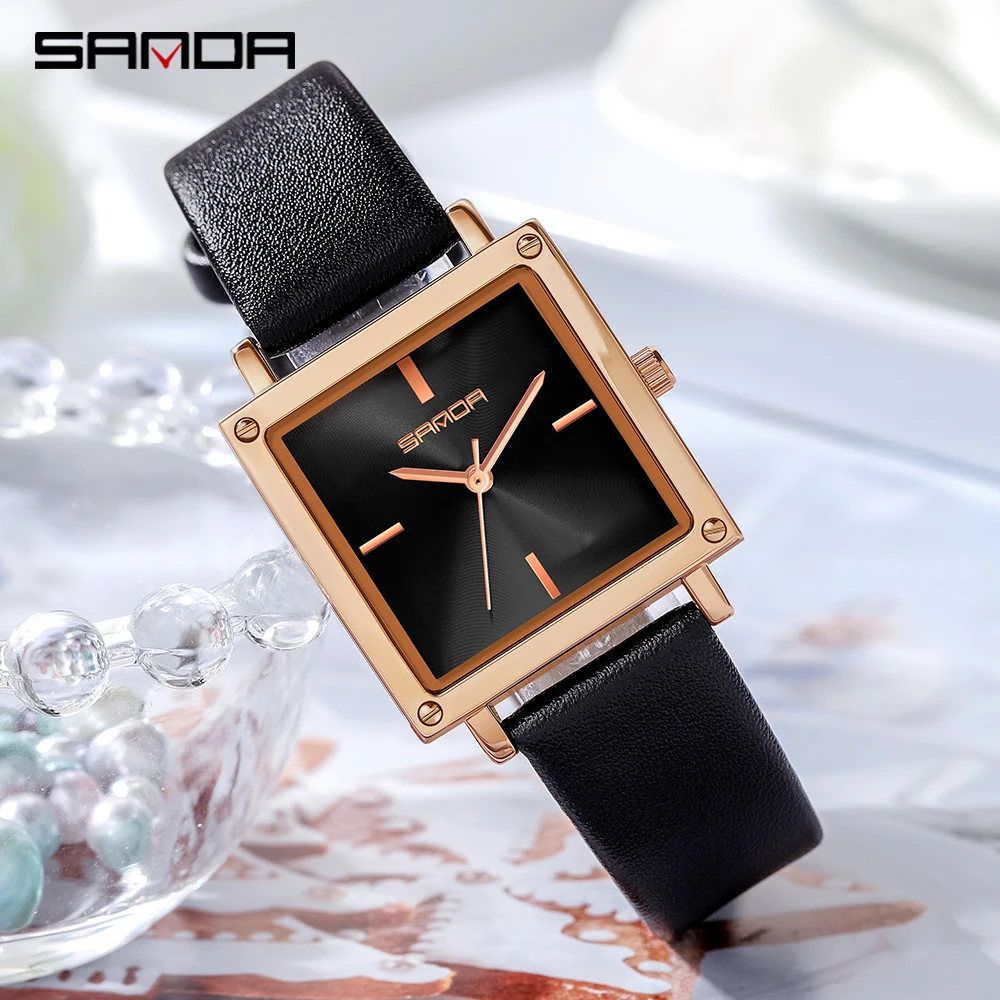 SANDA 1068 Women Square Sport Watches Fashion Leather Strap Analog Quartz Wristwatch Big Dial Vintage Elegant Ladies Reloj Muje