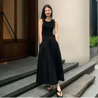 TKNOLEGE Summer New Round Neck SleevelessHigh Waist Temperament Female Fashion Style Dress Simple Elegant Black Long Dresses 2