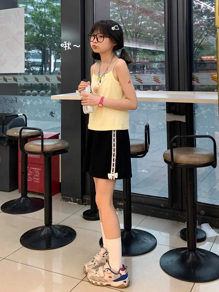2024 New Lace Patchwork Wide Leg Shorts Women Summer Japanese Style Harajuku All Match Loose Elastic Waist Short Pants