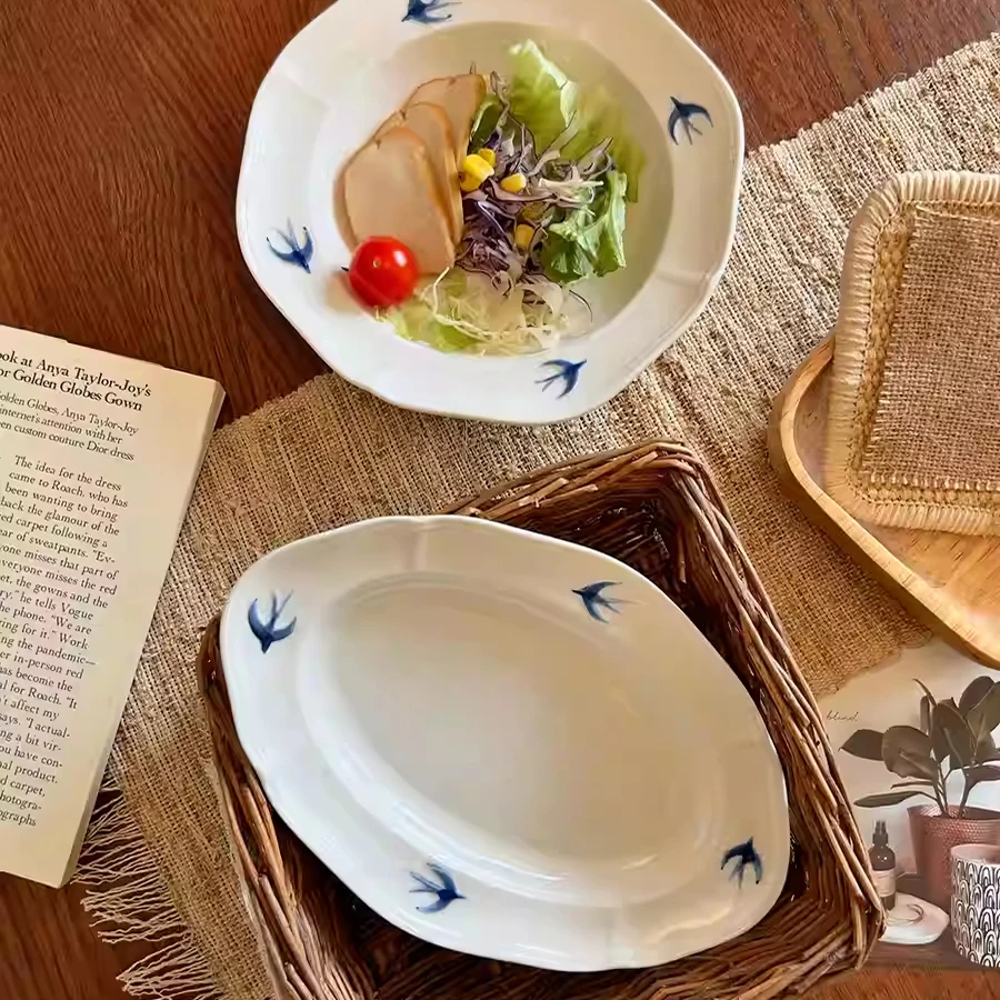Swallow Oval Plates High-end Household Ceramic Serving Plate Ins White Breakfast Tray Retro Afternoon Tea Dessert Tableware