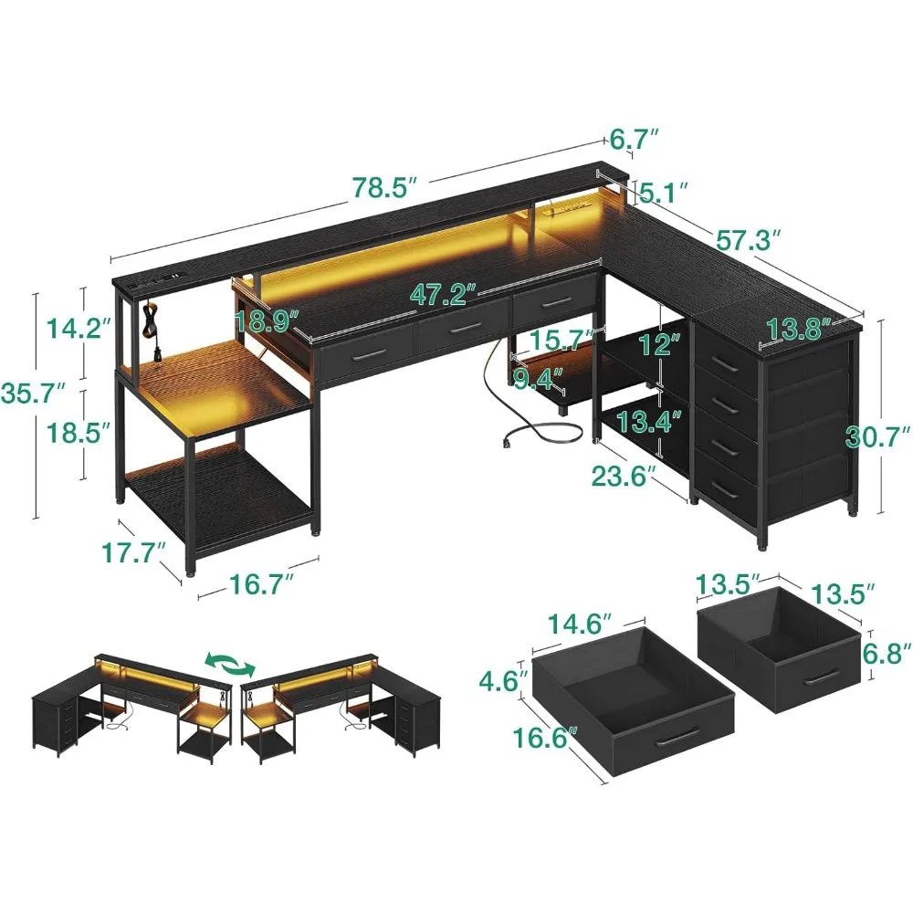 79" L Shaped Desk with 7 File Drawers, 2 Power Outlets & Monitor Shelf, Storage Shelves, LED Light, Black, Computer Desk 3
