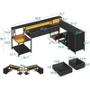 79" L Shaped Desk with 7 File Drawers, 2 Power Outlets & Monitor Shelf, Storage Shelves, LED Light, Black, Computer Desk 3