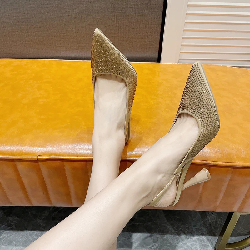 Summer Pointed Rhinestone Elastic Belt Women's Sandals High Heels Solid Color Elegant Dress Shoes Women's Party Shoes Stiletto