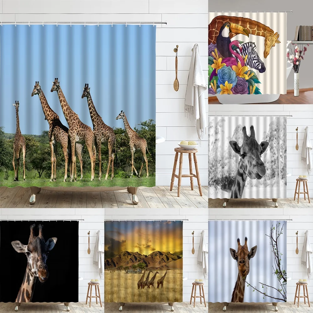 

Giraffe Shower Curtain Savannah Animal Green Forest Wildlife Cloth Fabric Bathroom Decor Curtains Set Home Tub Screen with Hooks