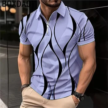 Polo da uomo con zip alla moda Polo estiva da uomo a maniche corte con risvolto Polo sportiva da golf Polo grafica con stampa lineare con geometria 3D