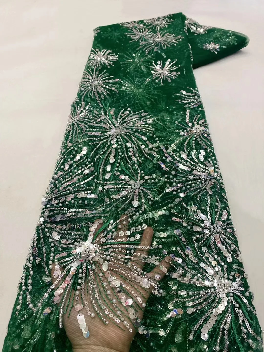 

Luxury Green African Sequence Lace 2022 High Quality French Tulle Sequins Fabric Handmade Beads For Nigerian Bridal Wedding Wear