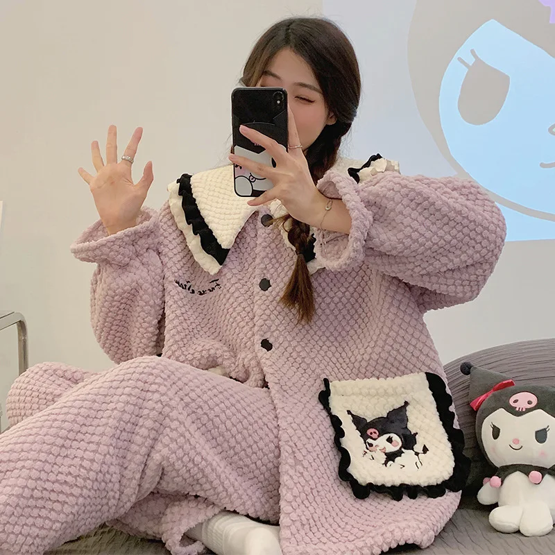 Sanrioed Kawaii Cartoon Kuromi Pajamas Anime Plush Homewear Sleepwear Suit Autumn Winter Cute Nightwear Girl Doll Collar Pajamas