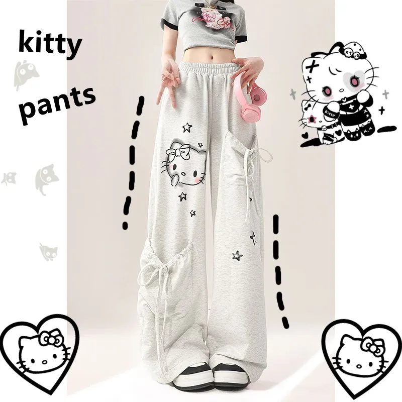 

Серые женские спортивные брюки Hello Kitty, летние тонкие американские свободные брюки с широкими штанинами для отдыха, кавайная Студенческая одежда, подарок на день рождения