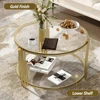Modern Glass Coffee Table in 31.5", Asymmetrical Metal, Circular Metal Drum Base, Gold Finish & Lower Shelf 2