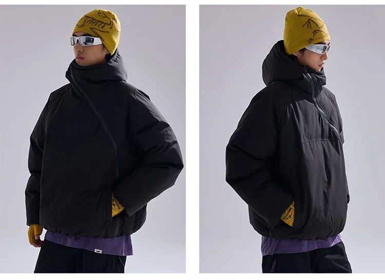 Unisex Diagonal Zipper Hooded Thickened Cotton-Padded Jacket: Unique Design Trendy Couple Outerwear for Winter Warmth