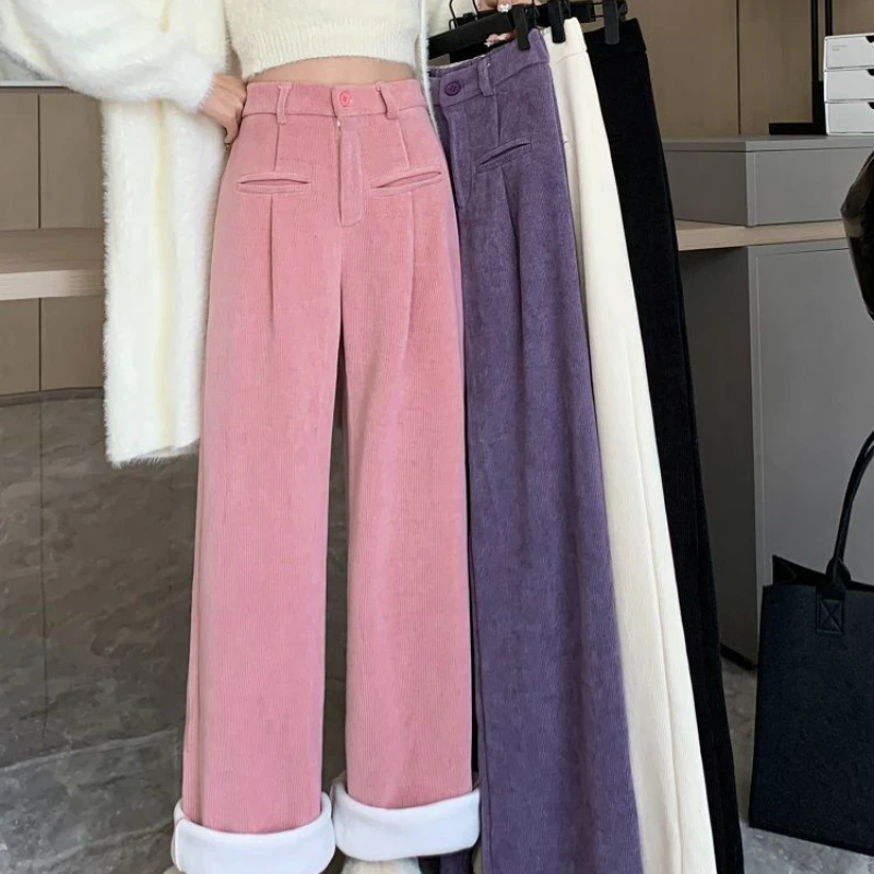 

Women's Autumn/Winter New High Waist Slimming Elastic Waist Wide Leg Long Pants with Thickened and Plushed Casual Pants