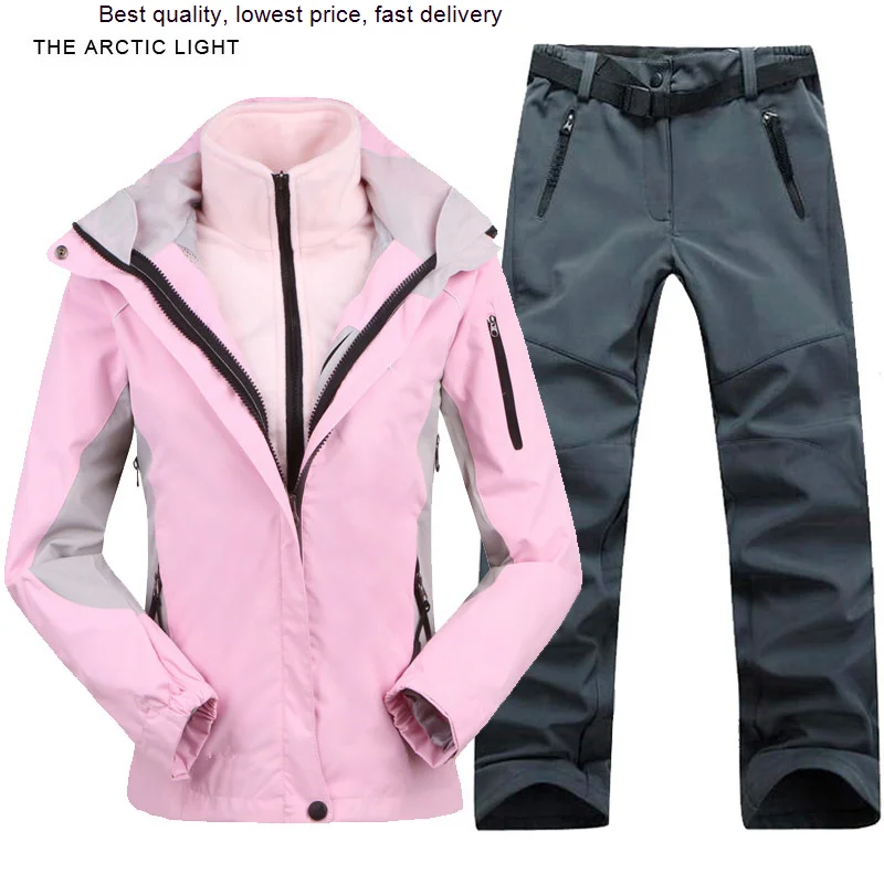 

Women Camping Hiking Skiing Jacket Pants 1 Set Outdoor Waterproof Windproof With Thicken Fleece Coat&Trousers