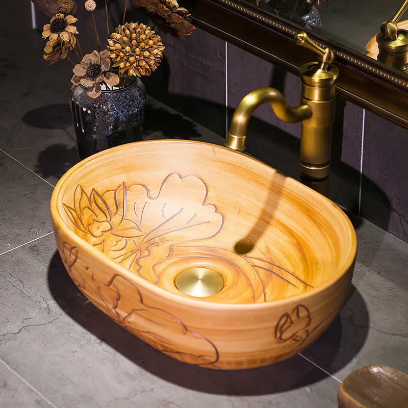 

Flower shape Traditional Chinese Cloakroom Counter Top porcelain wash basin bathroom sinks ceramic art ceramic sink bowls