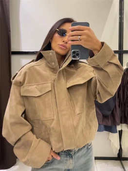 Vintage Stand Collar Suede Jacket Coats Oversized Cropped Coat Outerwear Women's Autumn New Demi-season Streetwear Casual Outfit 1