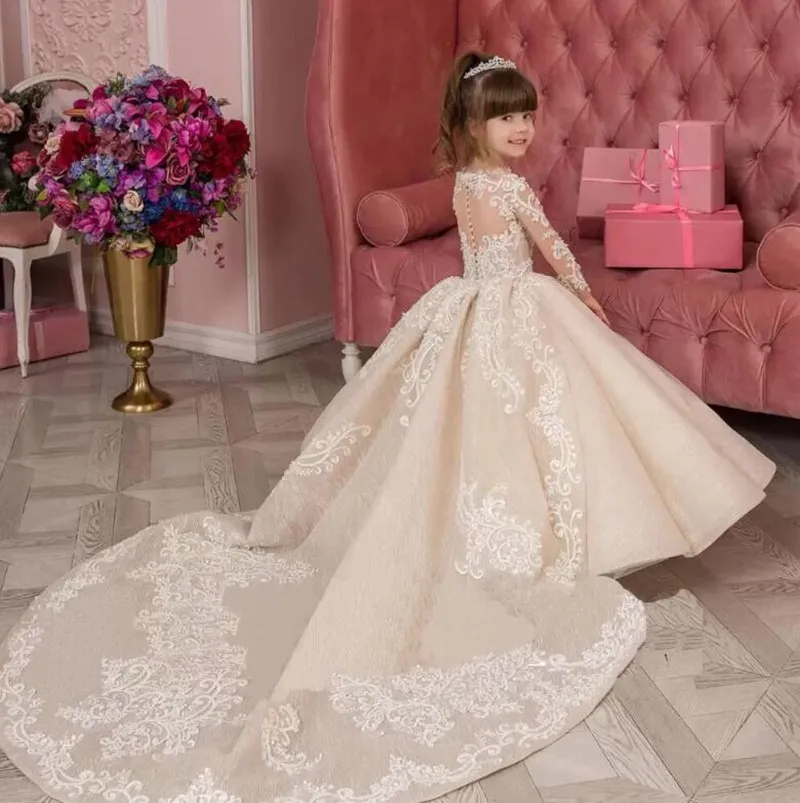 

Новинка, платье цвета шампанского для девочек на Первое причастие, кружевное бальное платье с аппликацией и длинным рукавом, элегантное платье для девочек с цветами, Свадебная вечеринка