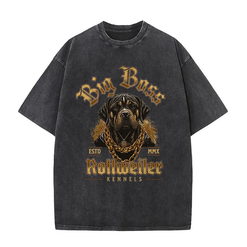 Men Washed T Shirt Oversized Streetwear Hip Hop Doberman Dog