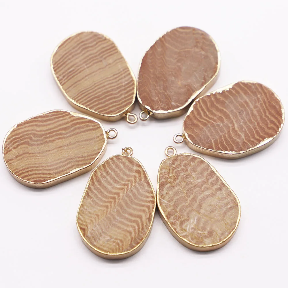 

Natural Wood Grain Stone Oval Necklace Pendants Section Mineral Healing Gold Edge Charms Diy Jewelry Accessories Wholesale 6Pcs