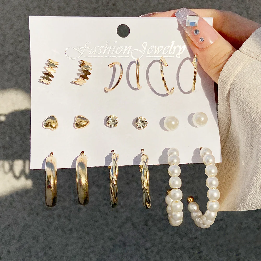 New Gold Color Big Circle Hoop Earring Set for Women Fashion Bohemia Vintage Pearl Earring Heart Zircon Ear Studs Jewelry Gifts