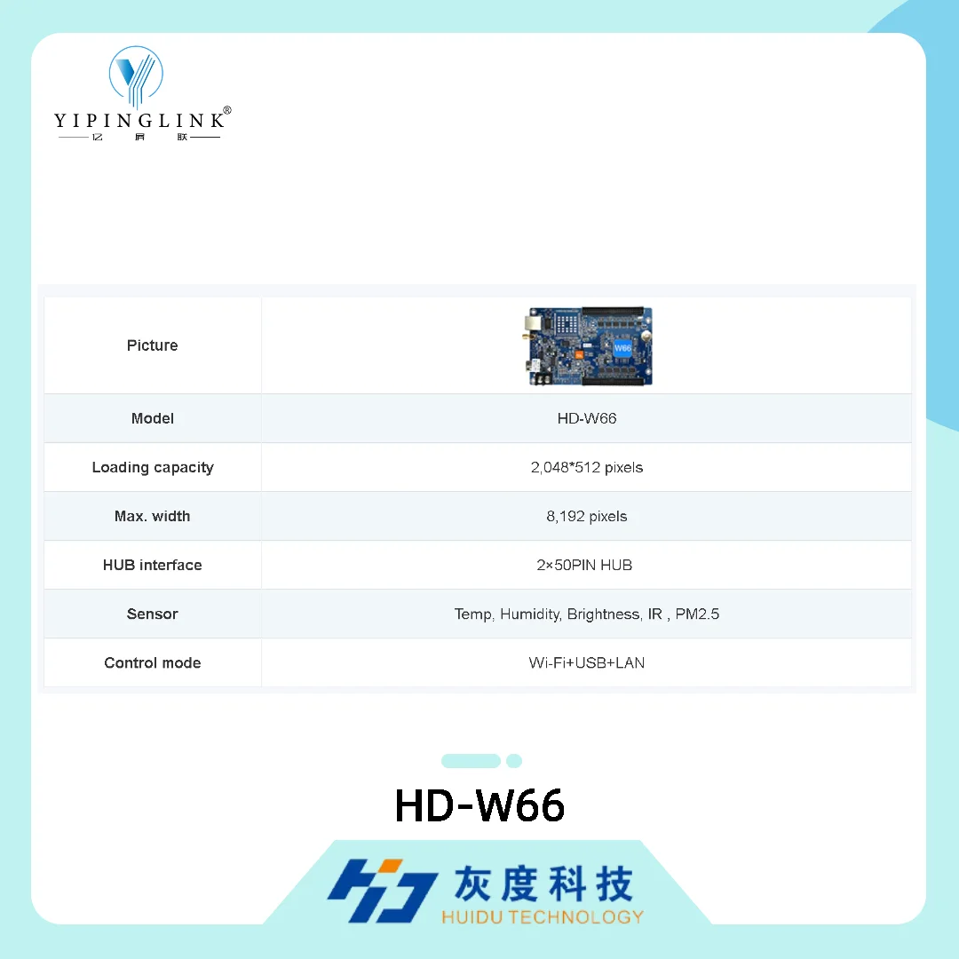 HUIDU HD-W66 단일-이중 색상 LED Wi-Fi 제어 카드 (P6 P8 P10 도어 헤더 매장 간판 LED 디스플레이용)