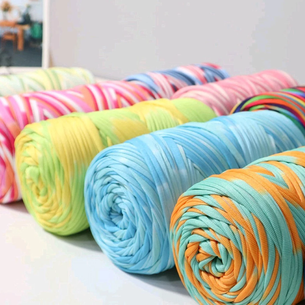 300g T-shirt Cotton Yarn For Knitting DIY Soft Wool Crochet Bag Blanket Cord Section Dyed Rainbow Weaving Thread Puffy 150 Meter 6