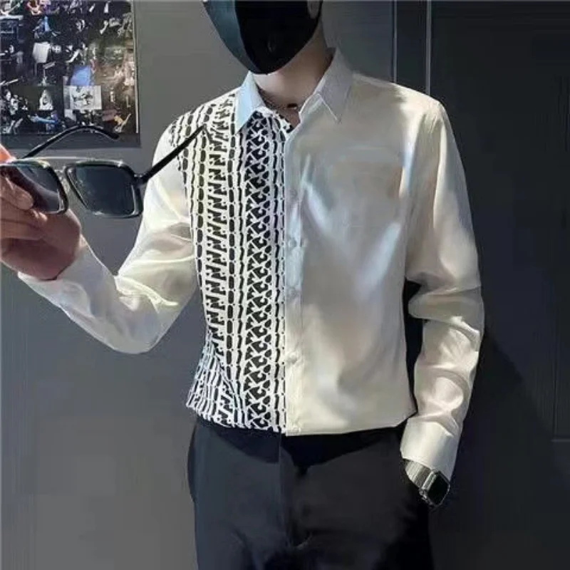 Youth Handsome Trendy Fashion Design High Grade Shirt Men's Panelled Lapel Button Patchwork Spring New Slim Thin Long Sleeve Top