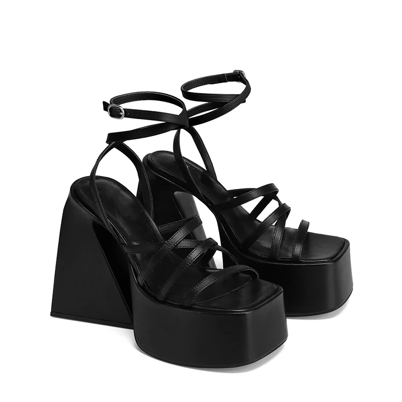 New Look suedette crossover platform heeled sandals in black | ASOS