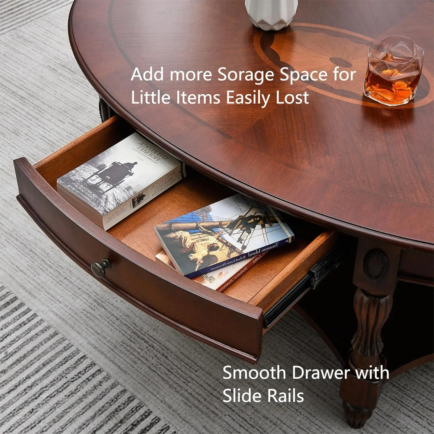 Oval Coffee Table, Cherry Solid Wood Coffee Table with Storage Drawer, Victorian Antique Vintage Coffee Tables 45"x27.6"x18.2",