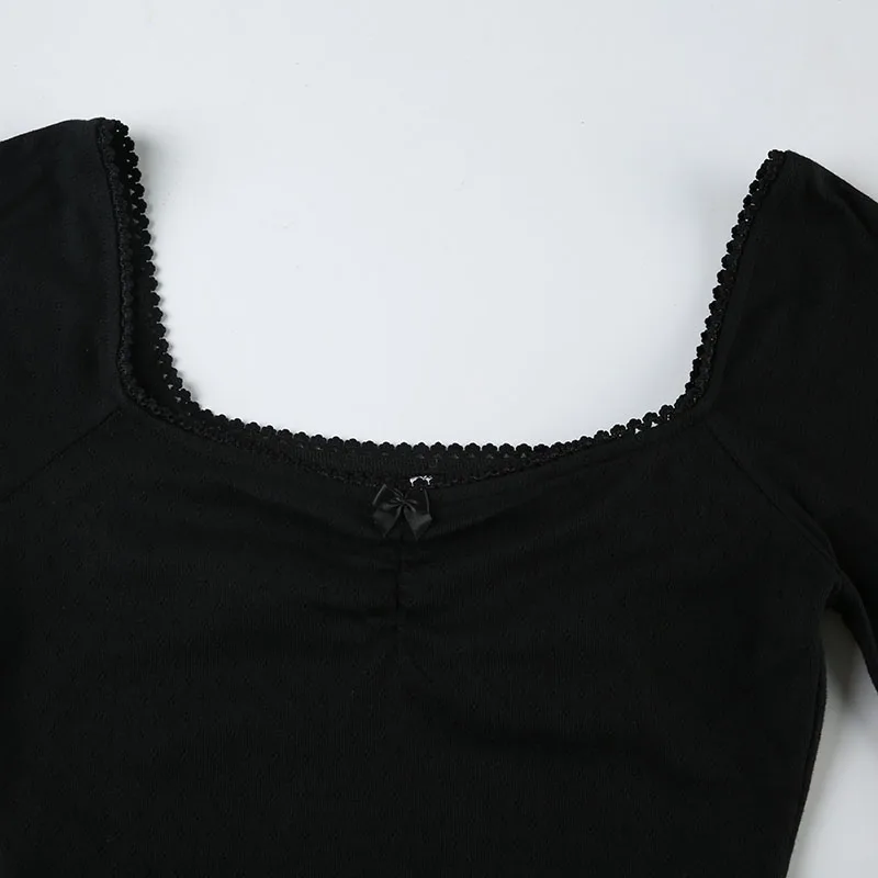 Korean Fashion Shirring Bow Square Collar Slim Long Sleeve Black T Shirt Women White Solid Basic Cute Japanese Top Tee