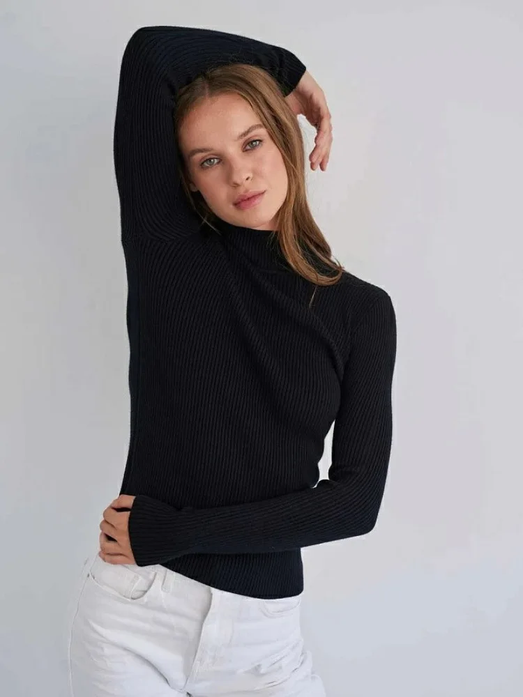 Casual Women Knitted Pullovers Autumn Spring Solid Half Collar Long Sleeve Knitwear Pullovers Slim Inner Sweaters