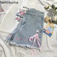 Short en jean japonais pour femmes, nouvelle collection 2025, taille haute, broderie, pantalon bandage, tunique, short mignon 5