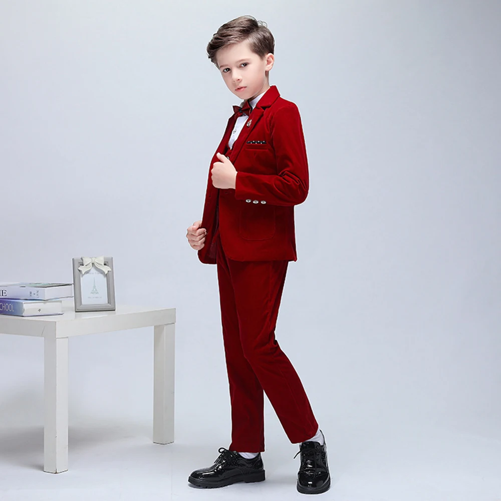 Formal Boys Suit For Wedding Children Red Velvet Party Blazer Vest Pants Outfit Kids Costume Gentlemen Teenager Prom Tuxedos Set