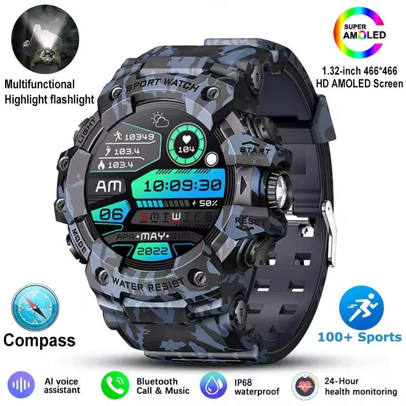 LC21 야외 스포츠 스마트워치 남녀공용 LED 플래시라이트 나침반 SOS 피트니스 모니터 BT 통화 IP68 방수 스마트워치