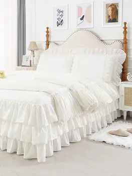 100% Premium Cotton Bedding Four Piece Set, Fairy Wind Lolita White Bed Skirt Bed Sheet Quilt Cover, Ruffle Edge Duvet Cover Set 1