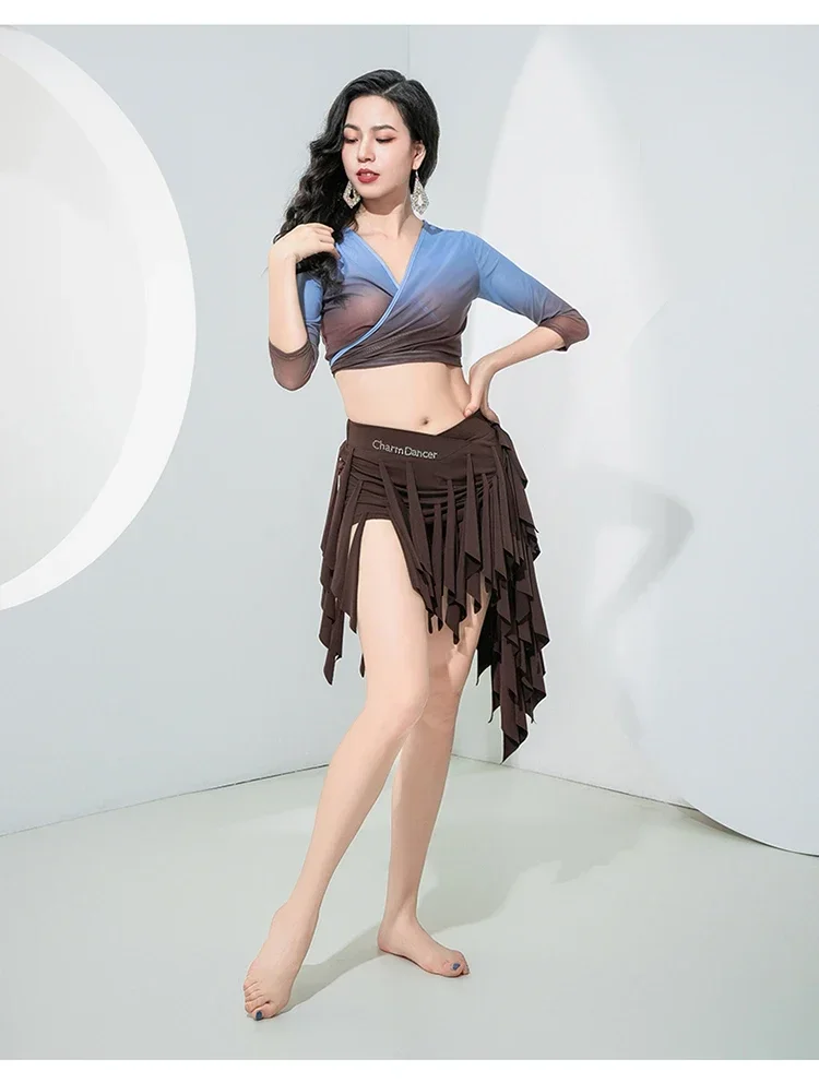 

New Belly Dance Suit Women's Gradual Lacing Top+Triangle Hanging Tassel Skirt Set Eastern Dance Suit Training Suit