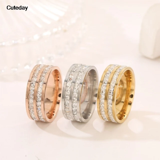 88579-549b86.jpg Bague de luxe en acier inoxydable pour femmes, or Rose, Double rangée carrée, Zircon, romantique, fiançailles, fête de mariage, bijoux, cadeau pour femmes