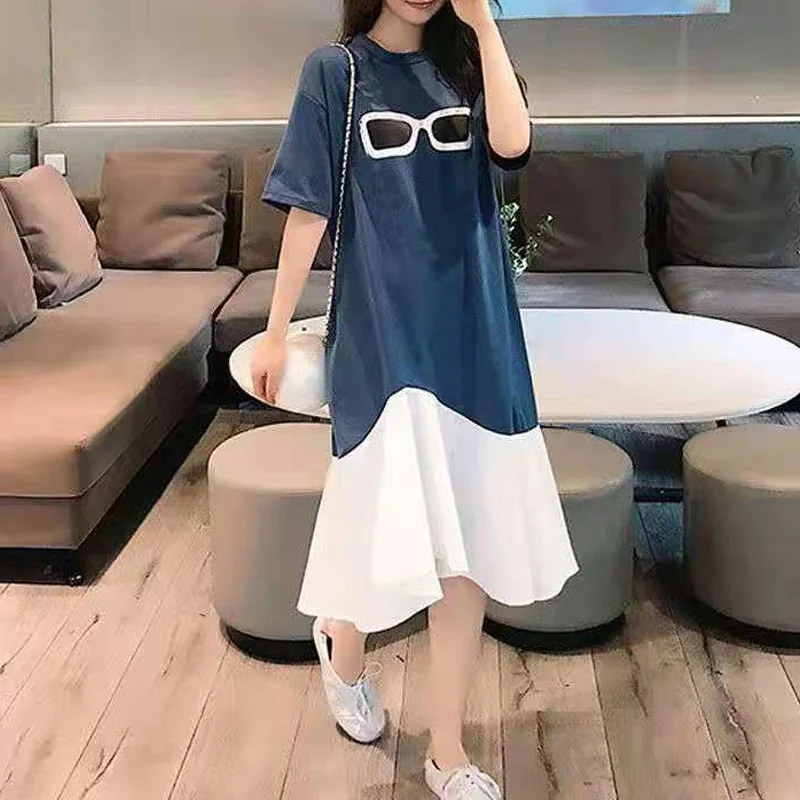 

2023 New Elegant and Fashionable Round Neck Printed Panel Contrast Color Casual Loose Simple Solid Oversize Short Sleeve Dress