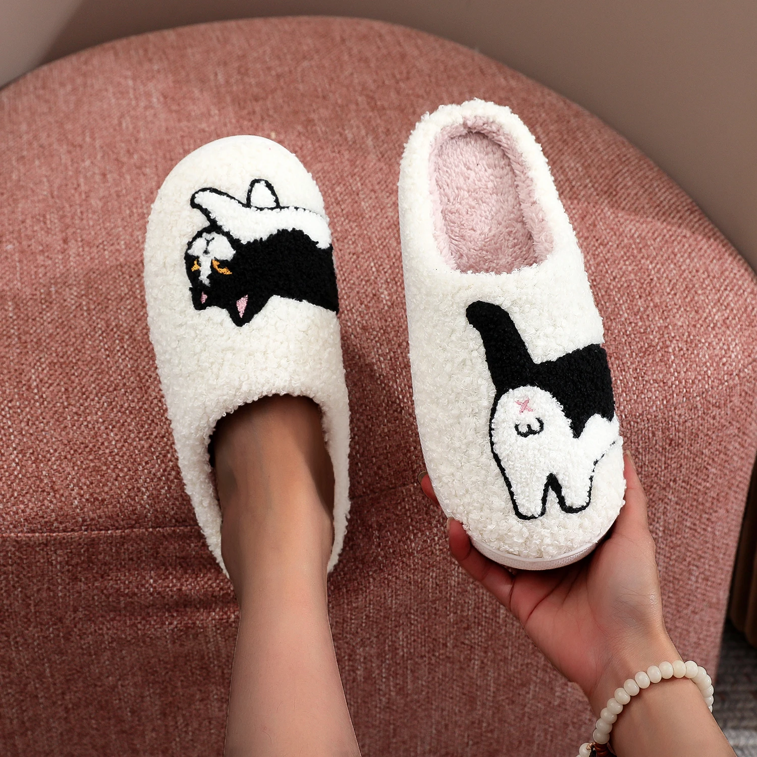 Cow Cat Pet Pattern Embroidery stuffed Home Platform Cozy Wool Cotton Slippers Cute Warm Non-slip Indoor Slippers Pet Mom Gift Catman Men Women Can Wear 6