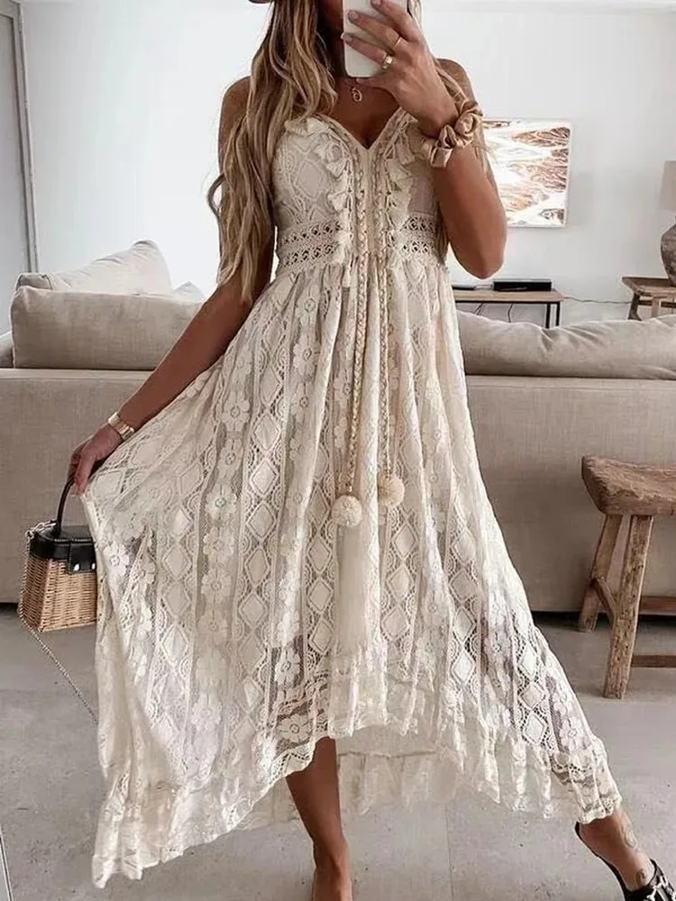 Women's V-neck Slim Shoulder Strap Sun Skirt Hook Flower Hollow Out Elegant Women's Vacation Bohemian Style Lace Dress 22194