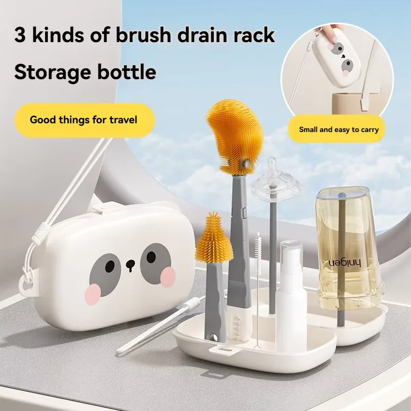 Portable Box Bottle Brush Set Silicone Nipple Straw Cleaning Brush Built-In Drain Rack Travel