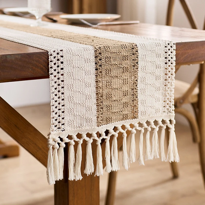 Boho Çiftlik Evi Keten Masa Örtüsü Ev Dekorasyonu için Püsküllü Makrome Uzun Çiftlik Evi Rustik Masa Örtüsü düğün dekorasyonu ZQ03