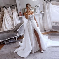 Fashion Square Collar Lace Appliques Wedding Dresses Pretty Sleeveless Tulle A Line Bridal Gowns Side Split Long Wedding Gowns 1