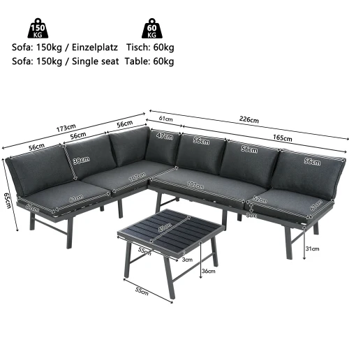 Set di mobili da giardino, set di poltrone per 5-6 persone, divani 2-3 posti, 1 tavolo, inclusi 7 cuscini grigi, ferro zincato 6