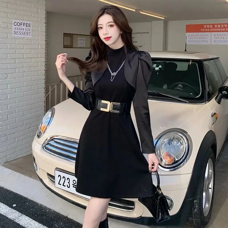 

Women's Dress 2023 Spring Autumn Popular Design Shows Thin Temperament Stand Collar Fake Two-piece Stitching Slim A-line Skirt