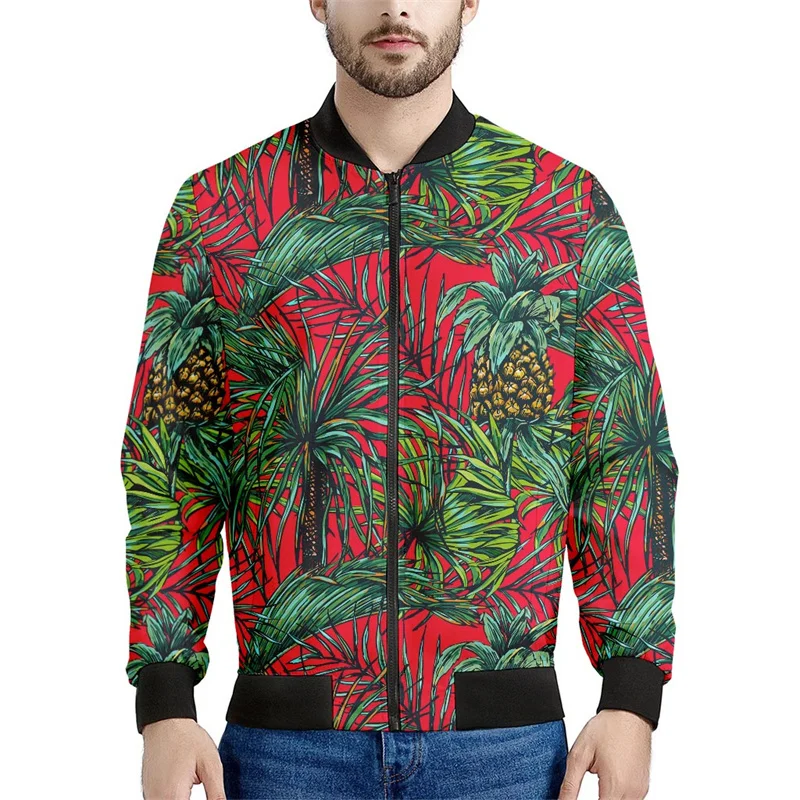 thumbnail image 1 of Chaqueta bomber con estampado de hojas de plátano tropical para hombre, sudadera de manga larga en 3D, chaqueta bomber de calle de gran tamaño con cremallera, 1 of 4
