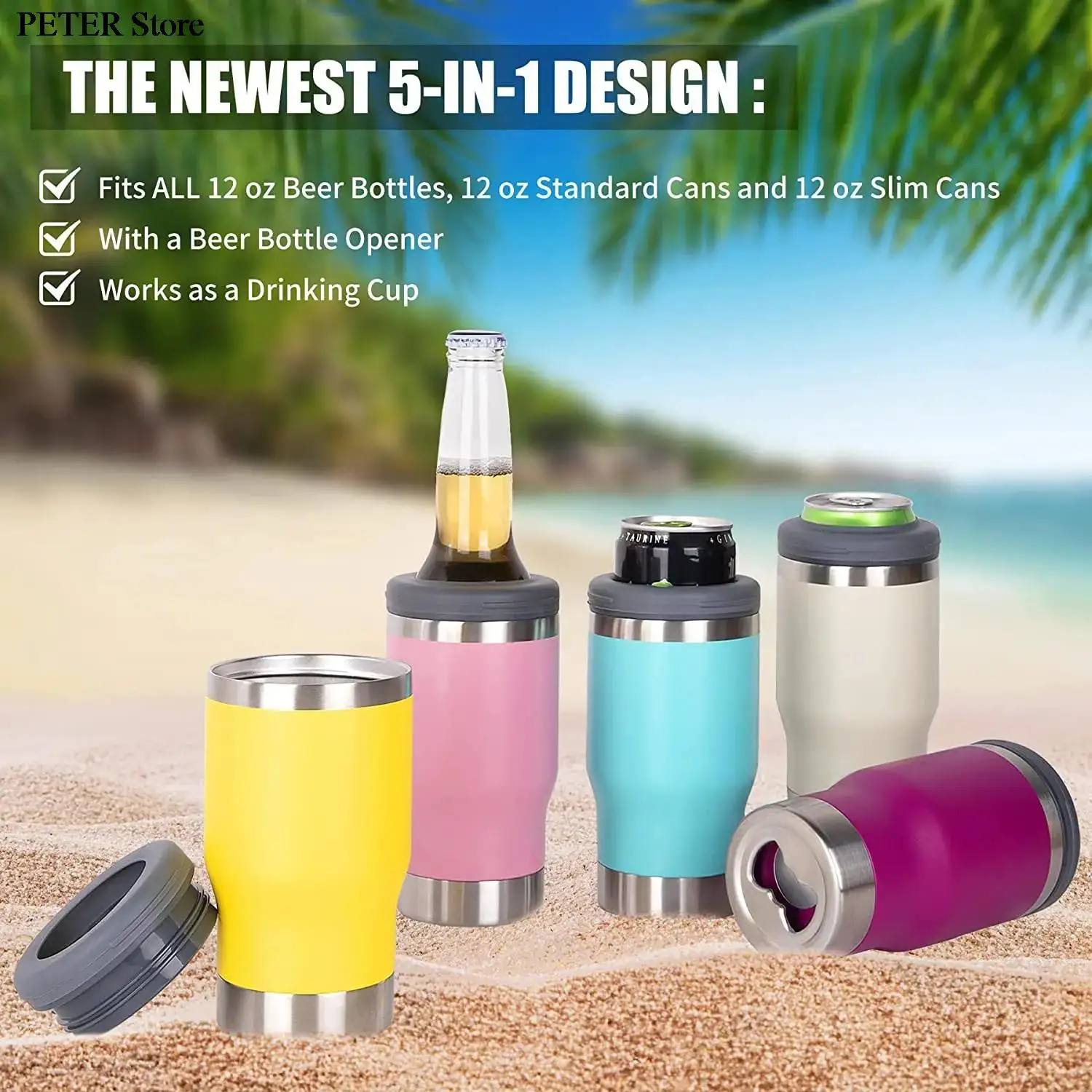 5-in-1 Can Cooler Insulated - Fit All in One Slim Beer Can Cooler for 12 To  16 Oz Bottles | Double-walled, BPA Free, Stainless Steel Tumbler | Can