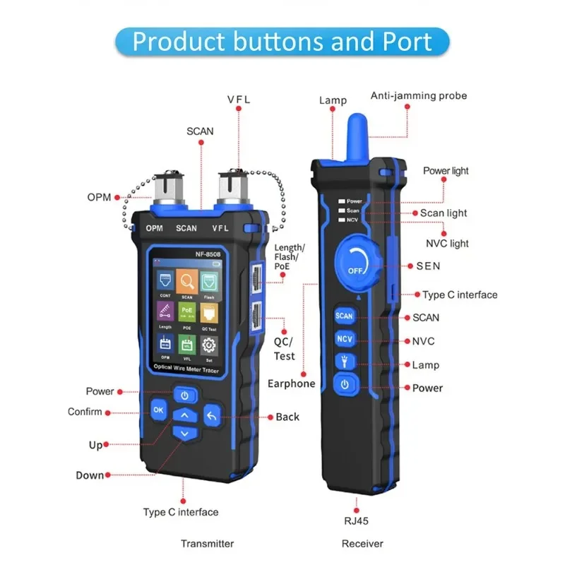 NOYAFA Cable and Network tester NF-8508 Network Cable Tester Optical Wire Meter Tracer LCD Digital Rechargeable Network Line Fin 2