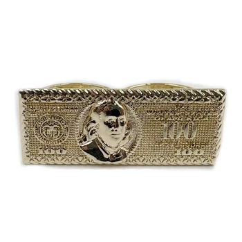 100 Dollar Bill Design 2 Finger Ring Heavy Rough Hip Hop Style 14K Gold Plated Big Size Men's Party Gift US Dollar Theme 1